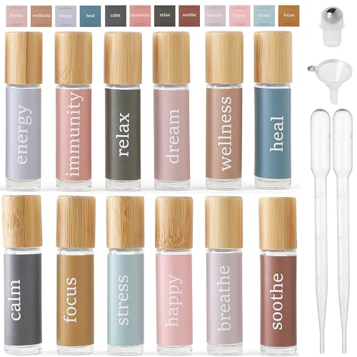 Essential Oil Roller Bottles, 12PCS Glass Perfume Roller Bottles with Funnel Opener and Dropper 10ml Clear Glass Empty Bottles with Stickers and Stainless Steel Roller Balls