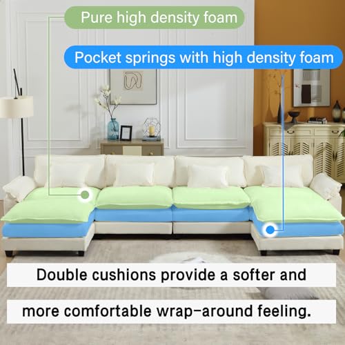 Image of Oprisen 154 inch Modular Sectional Sofa, Comfy Cloud Couch Sectional Sofa with Ottoman, Chenille Sofa Sleeper Deep Seat Sofa with Throw Pillows for Living Room (Beige White, 154 inch- U Shape)