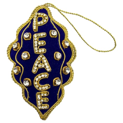 Zari Blue Peace - Adorno de Navidad, bordado Zardozi, bolsa de regalo, fabricado en la India