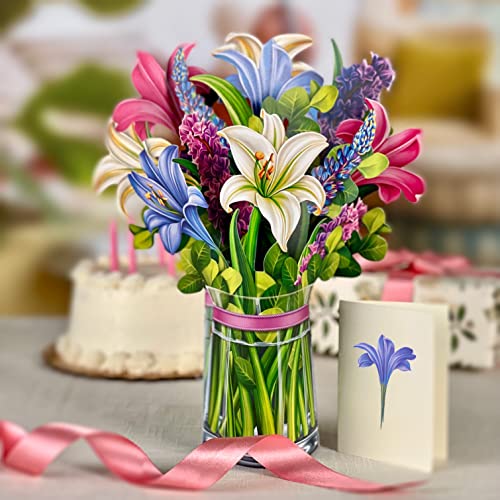 Freshcut Paper Pop Up Cards, Lillies & Lupines, 12 Inch Life Sized Forever Flower Bouquet 3D Popup Greeting Cards With Note Card And Envelope #TOP2