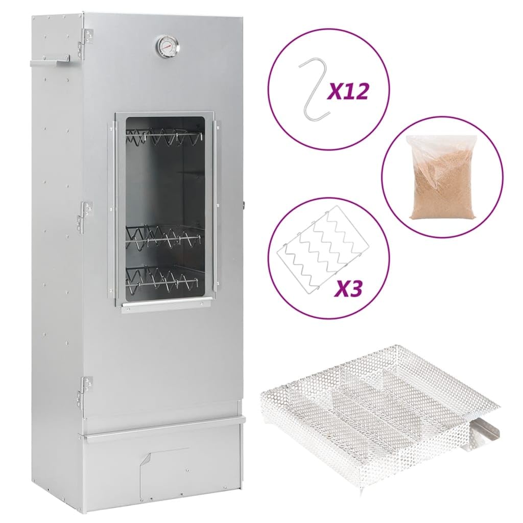 Forno affumicatore con generatore di fumo freddo, armadietto affumicatore in acciaio zincato, affumicatore per esterni con termometro, finestra, 3 griglie, 12 ganci, trucioli di legno inclusi