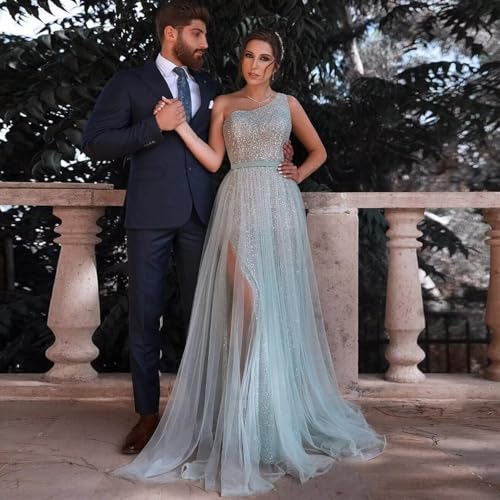 One Shoulder Sequin Long Prom Dresses for Women 2025 Sparkly Tulle Formal Maxi Evening Dress with Slit3