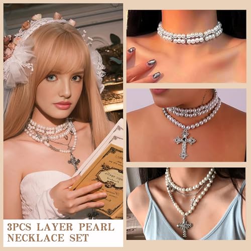 Bocar Gothic Cross Layered Pearl Necklace Chunky Statement Stacked Necklace Y2K Silver Layered Necklace for Women (NK-10769)2
