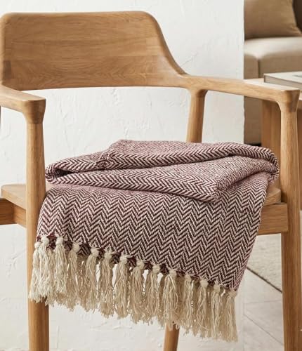 Image of Cotton Weave Boho Sofa Throw Blanket 50x60 Inches or 125x150 cms Lightweight, Soft & Breathable Couch, Bed or Chair Throw Blanket for Living or Bedroom, Zigzag Cranberry