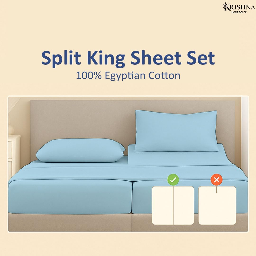 KRISHNA Premium 5-Piece Split King Sheet Set for Adjustable Beds, 100% Egyptian Cotton, Hotel Quality Luxury Bedding, Fits Up to 16 Inch Deep Pocket Mattress, Soft & Breathable, Light Blue Solid