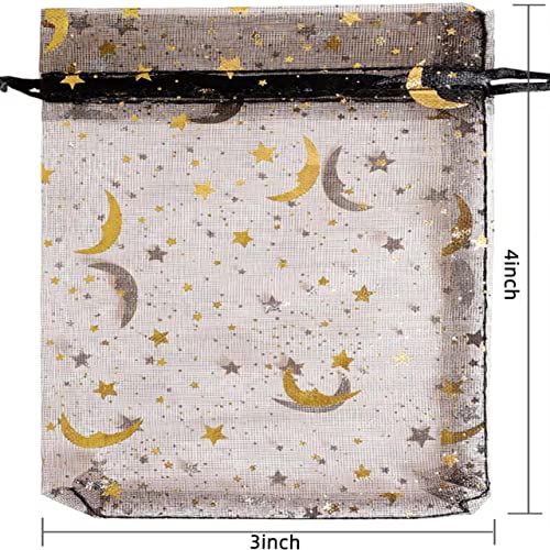 Image of Hopttreely 100PCS Moon Star Organza Bags, 3X4 Organza Jewelry Candy Bags, Mixed Color Organza Favor Bags Gift Pouch with Drawstring for Wedding Party Mother's Day