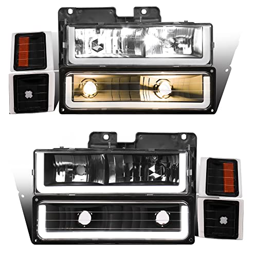 MOSTPLUS Led DRL Headlight Assembly Compatible with 1994-1999 Chevy Suburban Silverado/ C10 Series 1500 2500/1992-2000 Tahoe with Amber Reflectors & Clear Lens Black Housing（Set of 2）