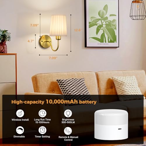 Image of Battery Operated Wall Sconce Set of Two, Wireless Wall Sconces with 10000mAh Dimming Magnetic Bulb, Rechargeable Wall Sconce with Pleated Fabric for Bedroom Living Room Gallery Hallway, Gold