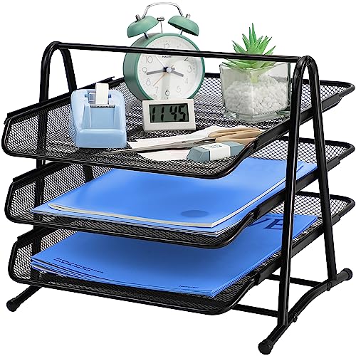 Organizador de escritorio multifuncional – Bandeja deslizante para correo A4 (3 niveles), bandeja de clasificación de papel, almacenamiento de escritorio con portadocumentos