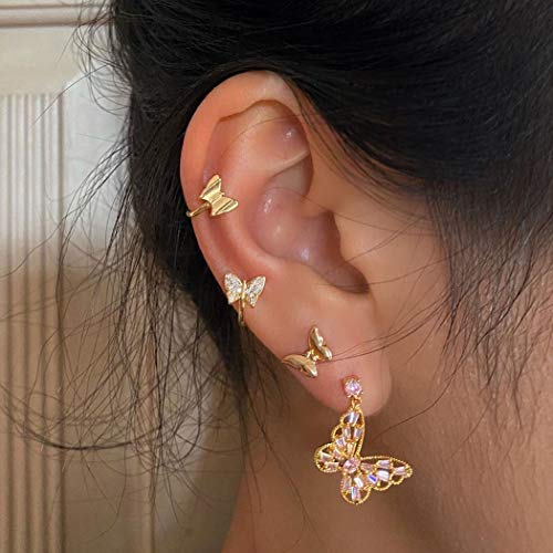 Haloty 4 Pairs Boho Crystal Earring Set Gold Butterfly Cute Stud Dangle Cartilage Small Fashion Ear Clips Dangle Non Piercing Earrings Jewelry Dainty Ear Accessories for Women and Girls