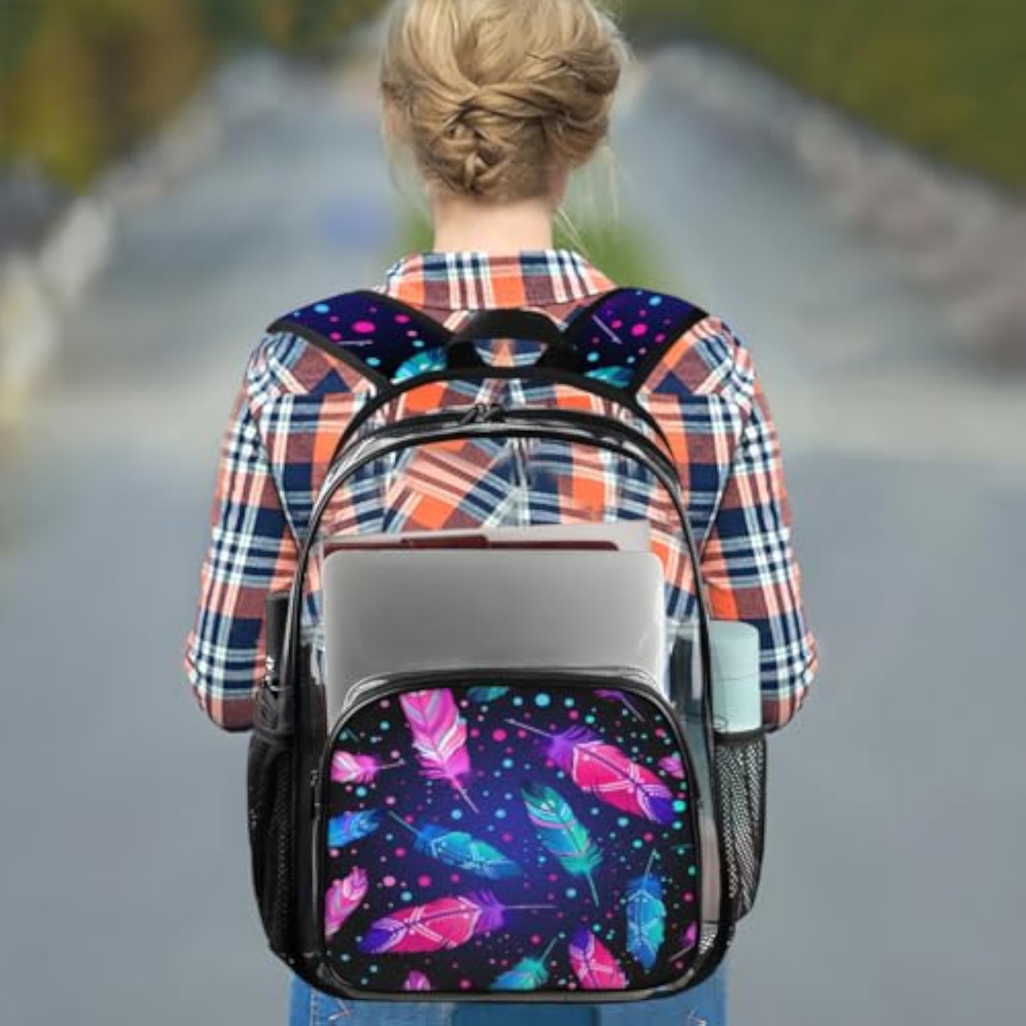 Colorful Feather Clear Backpack with Laptop Compartment