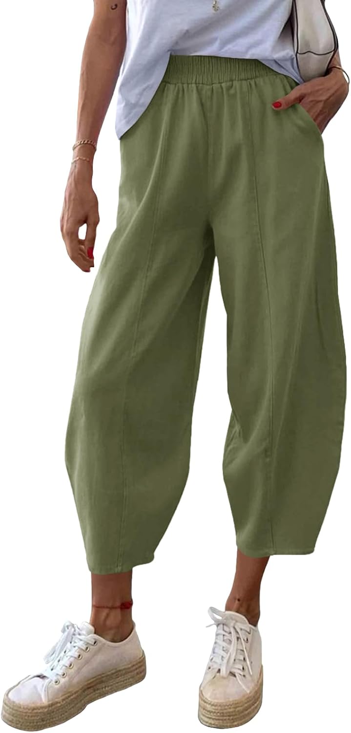 Cicy Bell Women's Summer High Waisted Baggy Pants Casual Cotton Harem Capris Slacks with Pockets