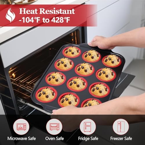 12 Cups Silicone Muffin Pans for Baking with Metal Frame, Egg Bite Molds, Cupcake Pans Regular Size, Muffin Tins Easy to Pop Nonstick Non Toxic Bakeware for Oven Dishwasher Safe - Thumbnail 4