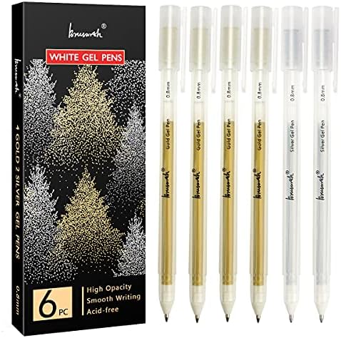 Brusarth Fine Point Metallic Gel Pen, Premium 2 Colors Gel Pen Set -Gold, Silver Gel Ink Pens for Artists with 0.8mm Nibs, for Black Paper Drawing,Writing, Sketching, Illustration, Pack of 6