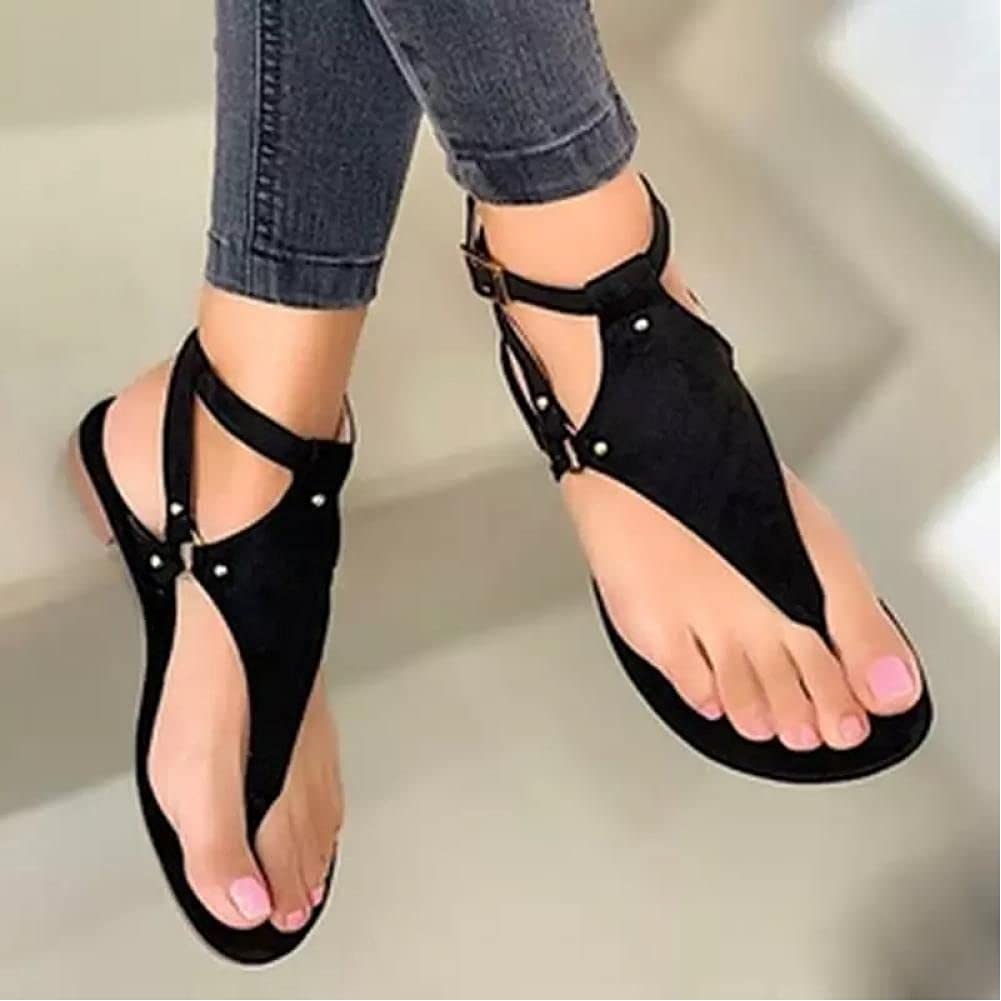 WEDFGXWEDFGX Women Sandals Summer Outdoor Beach Flip-Flop Sandals Solid Fashion Gladiator Sandals Women Flats Casual Ladies Shoes, Black