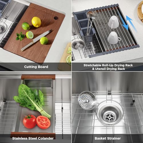 32" x 19" Multifunctional Undermount Workstation Kitchen Sink S304 Stainless Steel Handmade Modern Single Bowl Kitchen Sink with Accessories and Integrated