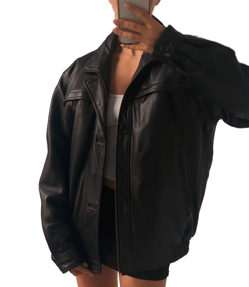 Vintage Oversized Faded Patina Leather Jacket, Black3, Medium