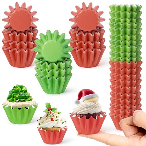 R HORSE Christmas Mini Cupcake Liners - 200Pcs Xmas Red Green Grease-resistant Cupcake Cups for Baking, Disposable Heavy Duty Paper Muffin Baking Cups for Christmas Party Supplies Housewarming Gifts