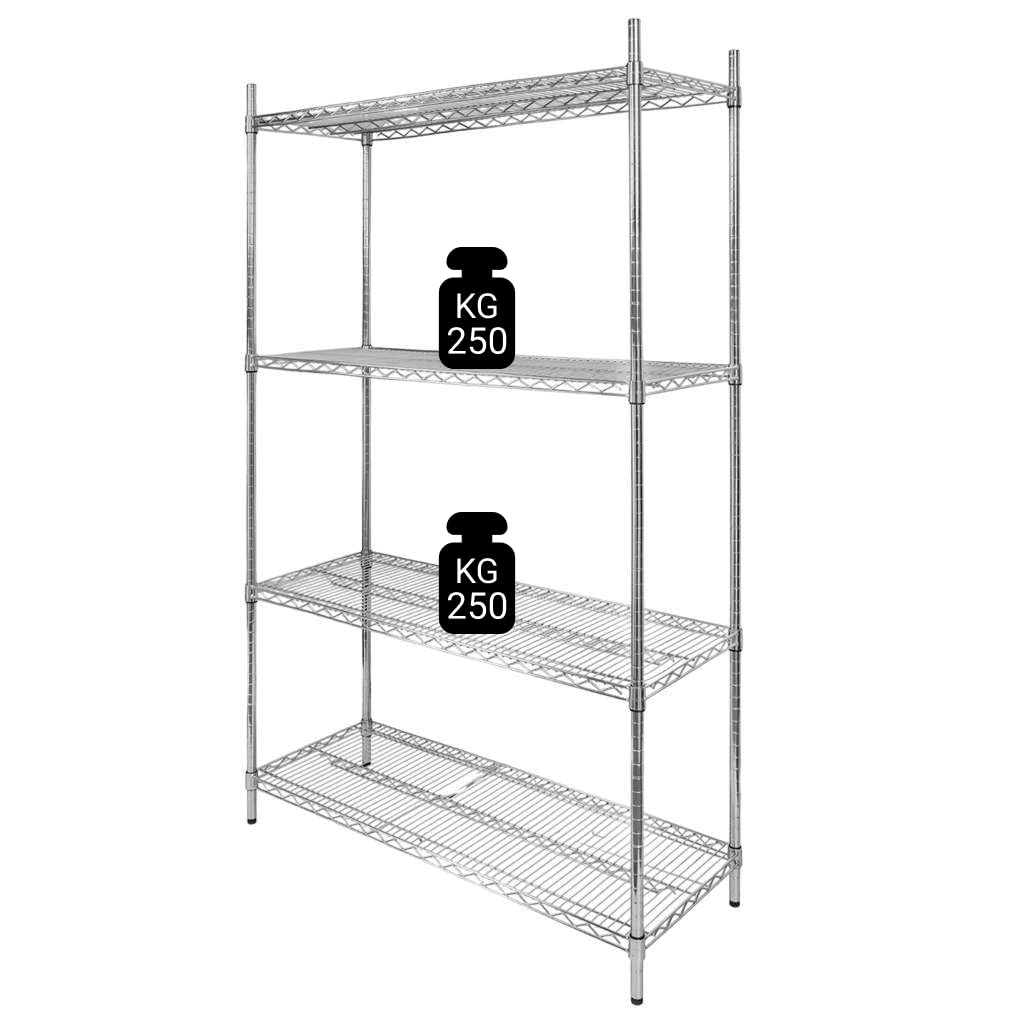 Mega-M Estantería de alambre cromado de 4 estantes 90 × 45 × 180 cm de acero cromado estantes ajustables capacidad de carga 250 kg/estante montaje sin herramientas