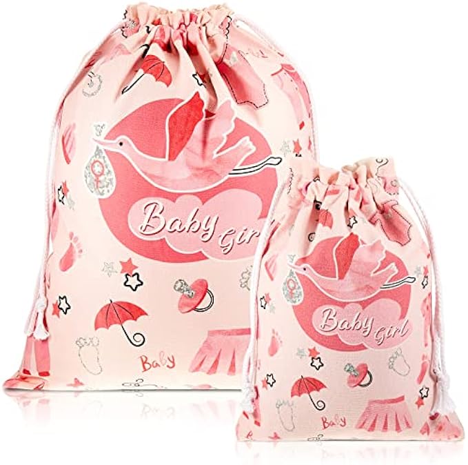 Tessco 2 Pack Baby Shower Birthday Gift Bags for Girl Baby Girl Drawstring Bag 20'' Large Gift Bag 12'' Small Reusable Fabric Gift Wrap Bags for Baby Shower Kids Birthday Gender Reveal New Moms, Pink
