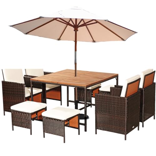 GYMAX Table de Jardin Extérieur avec 4 Chaises et 4 Tabourets, Salons Jardin Exterieur Rotin 9 Pièces pour 8 Personnes, Table à Manger en Bois d'Acacia avec Trous...
