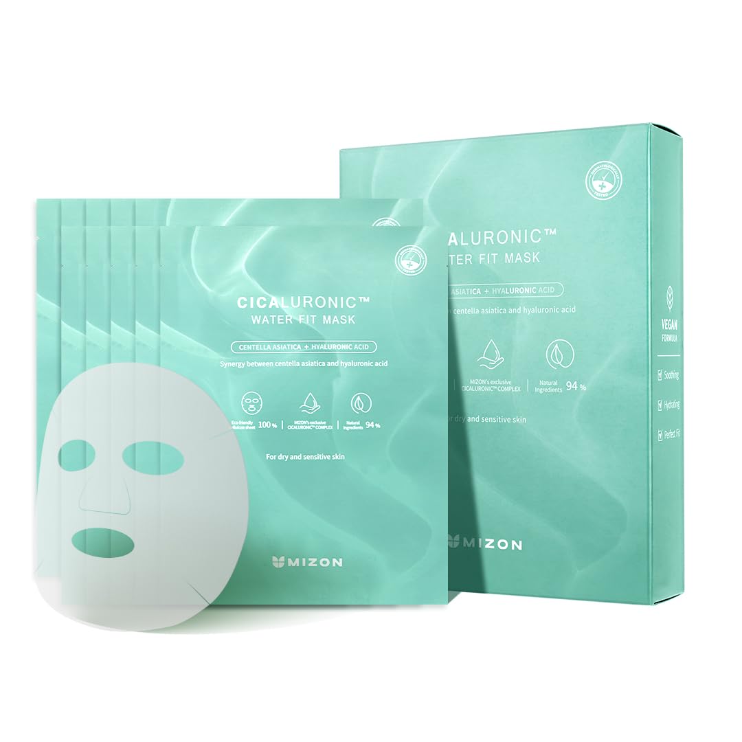 [MIZON] Cicaluronic Water Fit mask (10 masek) koreańska pielęgnacja skóry – wegańska formuła, Cica + kwas hialuronowy, kojąca, nawilżająca, wrażliwa skóra, sucha skóra