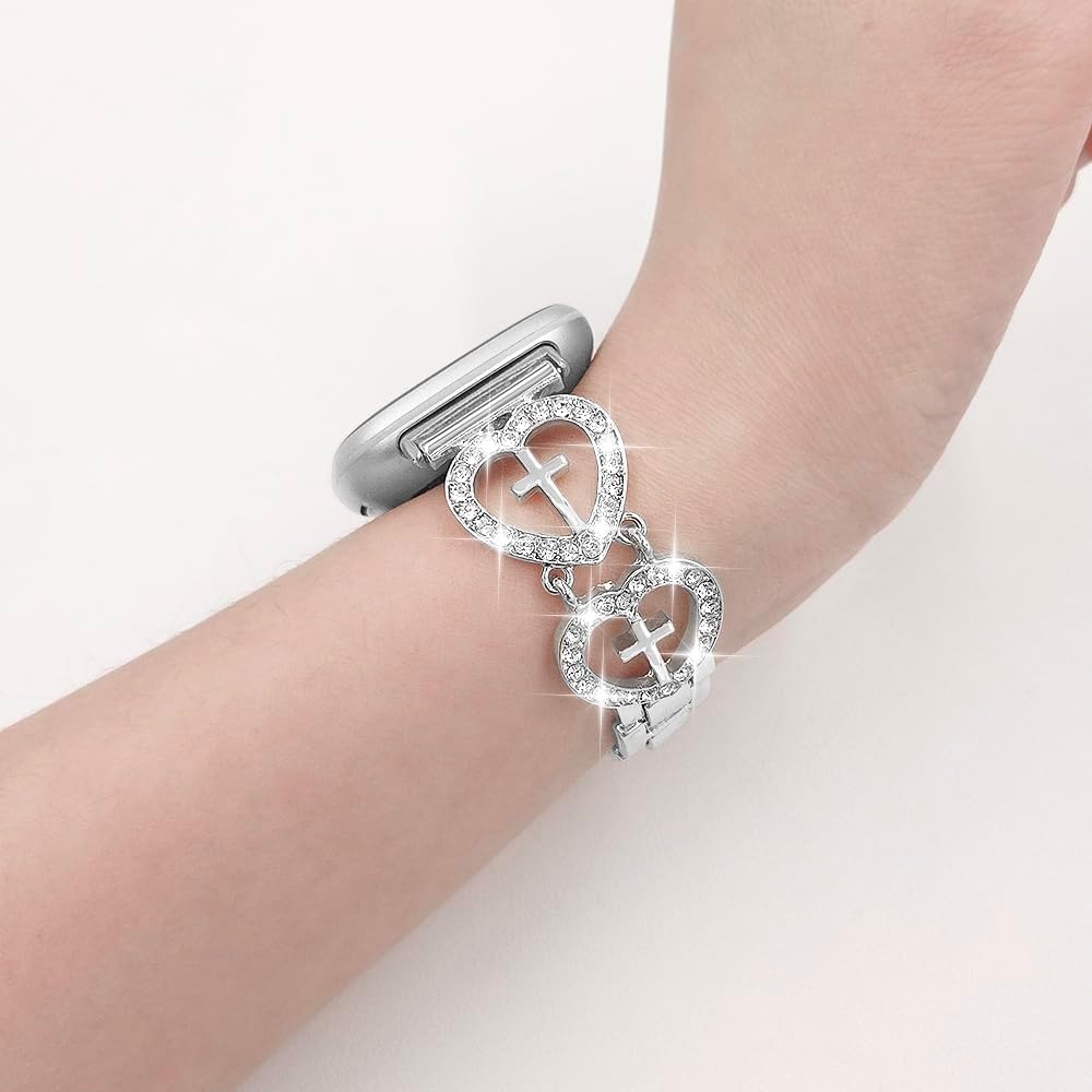 Bling Metal Bracelet Compatible with Fitbit Versa 4/Versa 3/Sense 2/Sense Band Women,Cross Band Love Heart Shape Watch Band Replacement Smartwatch Strap - Image 4
