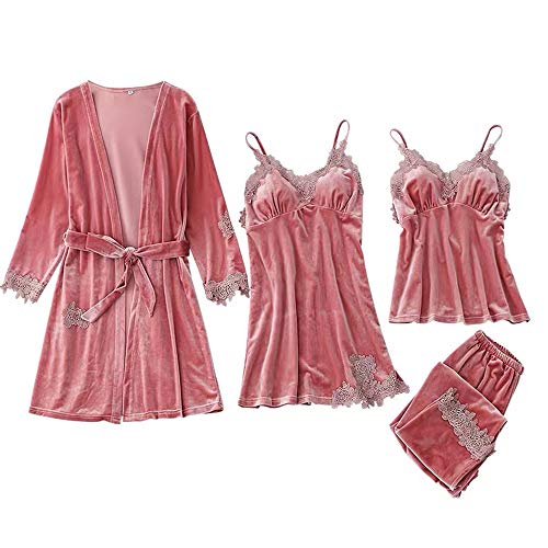 G.CHEN Women Pajamas Set 4 Pcs, Velour Lace Pajamas, Lace Trim Night Robe Gown Set,Pink,XXL