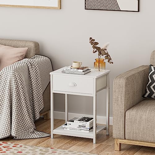 Furologee CTET-008-WHITE Nightstands Set Of 2, End Table With Fabric Drawer, Small Side Table For Small Spaces, 2 Tiers Storage Shelves End Table, Bedside Table For Living Room, Bedroom thumb #3