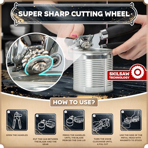 Empire Tin Opener UK, 3-in-1 Can Opener Handheld – Heavy Duty Stainless Steel Manual Tin Opener for Arthritis Hands with Magnetic Lid Lifter | Smooth Edge, Comfortable Grip Bottle Opener – Black - Image 6