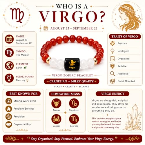 Image of Virgo Zodiac Bracelet (कन्या राशि) | Certified Healing Crystal for Focus, Confidence & Calm | Original Carnelian & MilkyQuartz Stone | Crystal Bracelet for Man & Woman | Gift for Man & Woman