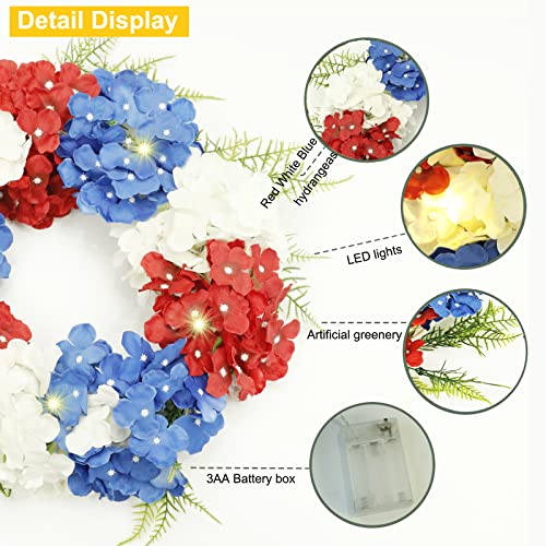 Lighted 4Th Of July Wreath, Red White And Blue Wreath With Lights Patriotic Wreath For Front Door Led Artificial Hydrangeas Wreaths Memorial Day Independence Day Decor For Home Wedding Party #TOP3