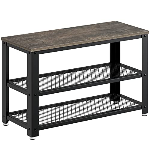 Rolanstar Schuhbank, 3-stöckiges Schuhregal, 72,9 cm, Aufbewahrungseinstiegsbank mit Gitterablagen, Holzsitz, rustikale Foyer-Bank für Flur, Haustür, Tür, Wohnzimmer, Mudroom, Stahlrahmen, Grau Cover