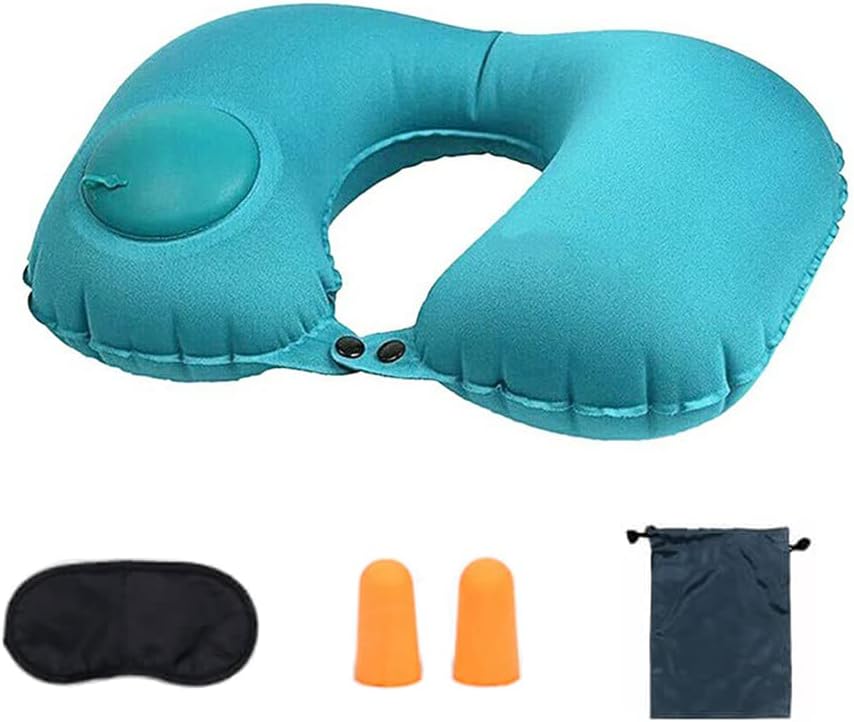 OUEVA Inflatable Travel Pillow, Air Neck Pillow Lightweight Stay Cool Fabric Self Pump Up + Eye Mask + Earbuds + Reusable Bag 【Blue】