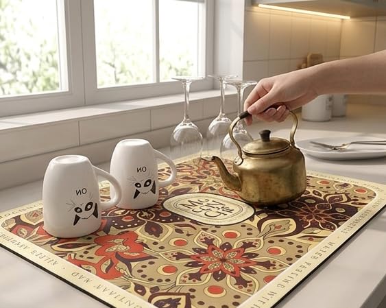 Image of HomeCloud Dish Drying Mat for Kitchen Counter - Super Absorbent, Non-Slip & Heat-Resistant - Quick Dry Rack Pad for Dishes, Utensils, Coffee Maker - Stain-Hiding Design (Beige Brown)