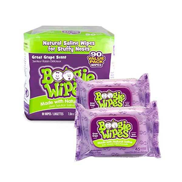 Boogie Wipes Natural Saline Kids and Baby Nose Wipes for Cold and Flu,Grape Scent, 90 Count