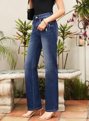 SHEWIN Straight Leg Jeans for Women Trendy High Rise Tapered Flare Jeans Stretchy Wide Leg Ankle Denim Pants with Pockets4