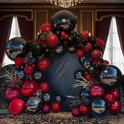 Image of Black Red Balloons Thick Double Stuffed Black Burgundy Balloon Garland Arch Kit for Gothic Vampire Till Death Do Us Rip To Twenties Halloween Birthday Party Decorations