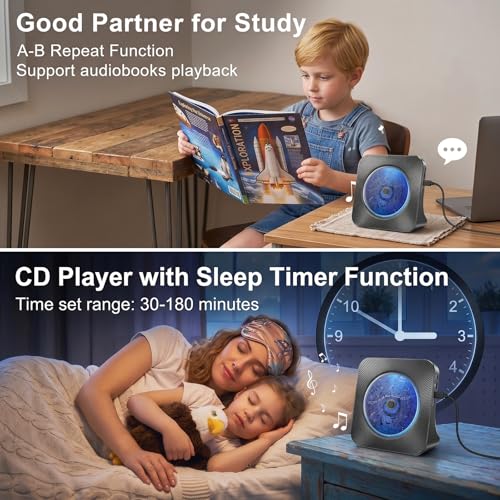 Image of Gueray CD Player Portable Bluetooth Desktop CD Player for Home with Timer Built-in HiFi Speakers with LCD Screen Display Boombox FM Radio USB Type-c (Light Black)