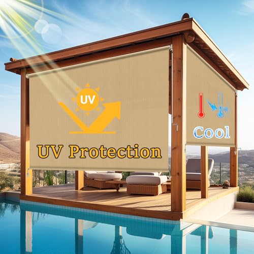 Image of Custom Size 87'' W x 96'' H Outdoor Roller Shades, Cordless Patio Roll Up Outdoor Blinds with UV Protection, Exterior Sun Shade Cloth for Porch, Gazebo, Balcony, Pergola, Wheat