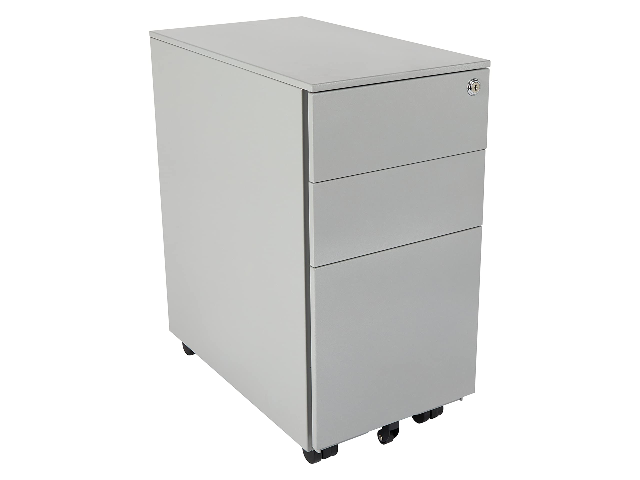 The Workplace Depot Lockable Mobile Pedestal – Under Desk Office Drawer Unit – 3-Drawer Filing Cabinet with Secure Storage, Anti-Tilt Design & Smooth-Glide Runners – Grey Alloy Steel (Grey, Narrow)
