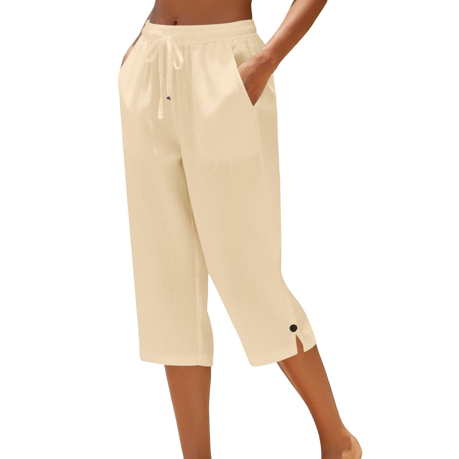 Sommerhose Damen Leicht Leinenhose Damen Sommer 3/4 Musselin Kurze Hose Leicht Leinen Sommerhose Mit Taschen Causal Atmungsaktiv Caprihose Elastische Bequeme Stoffhose Sport Freizeit Strandhose