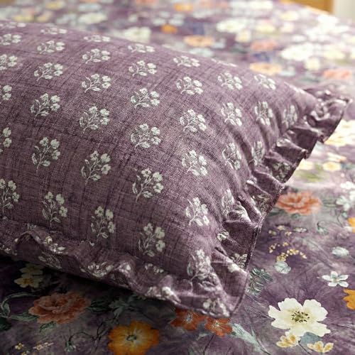 Image of Home Sizzler Microfibre Floral Double Fitted Bedsheet, 72x78 inch, Purple Mauve with 2 Ruffled Edge Pillow Covers