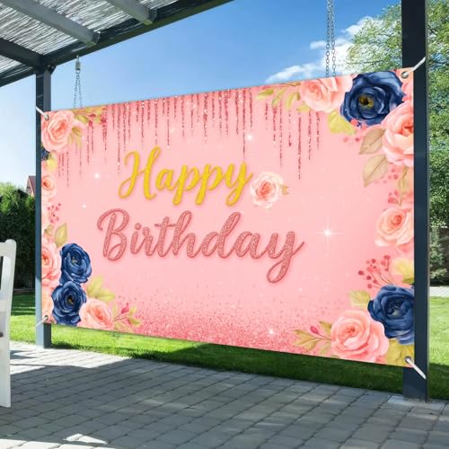 Image of HOMETITUTE Vintage Pink Floral Birthday Banner 71x43 Inch