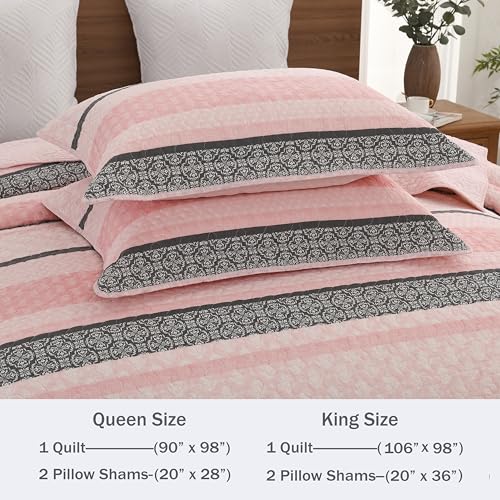 Image of Homzard Quilts Queen Size, Cotton Comforter Set, Light Pink and Grey Queen Bed Set, Lightweight Striped Bedding, Farmhouse Bedspread All Season 3 Pieces