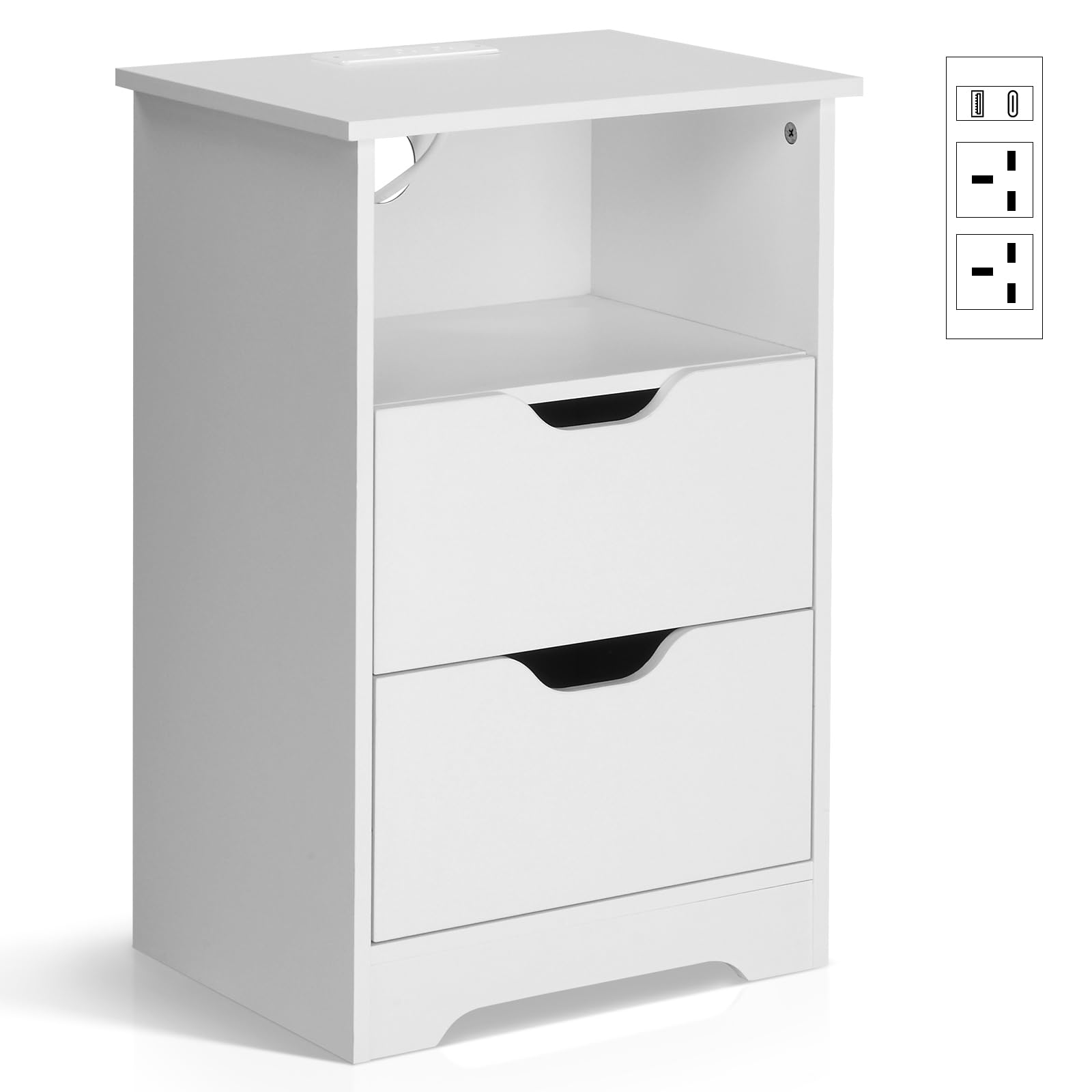 Karl home Bedside Table, Side End Table Nightstand with Power Strip, 2 Drawers, Open Storage Shelf, 2 AC Outlets, USB & Type-C Port, Night Stand for Living Room, Bedroom, White