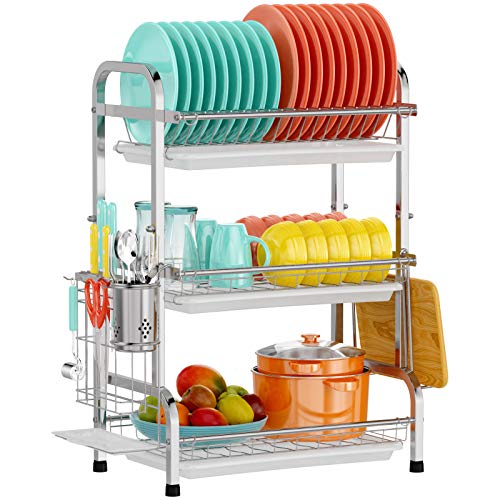 Dish Drying Rack, Cambond 201 Stainless Steel 3 Tier Dish Rack with Drain Board, Utensil Holder, Cutting Board Holder, Rustproof Dish Drainer for Kitchen Countertop, Silver