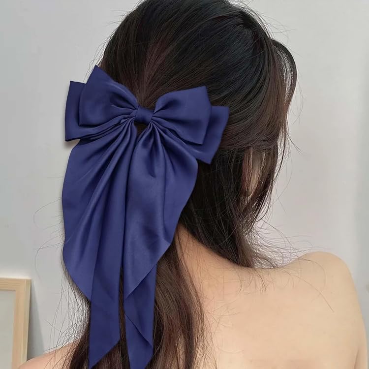 Image of FilterFashion Big Satin Layered Hair Bows for Women Girls 11.5 Inch Barrette Hair Clip Long Back Ribbon Bows French Style Hair Accessories (Navy Blue)