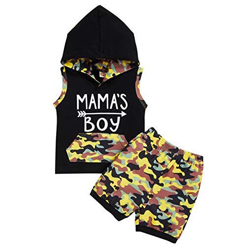 Baby Boy Summer Camouflage Outfits Toddler Mamaâ€™s Boy Sleeveless Hoddie Tops Camo Shorts 2Pcs Clothes(Yellow, 6-12 M)