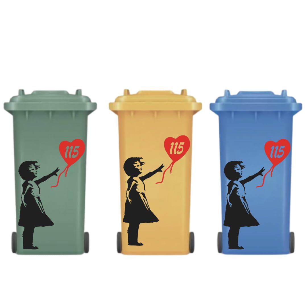 3 x Wheelie Bin Decals Banksy Girl with Balloon Graffiti Style Vinyl Customised House Number DIY